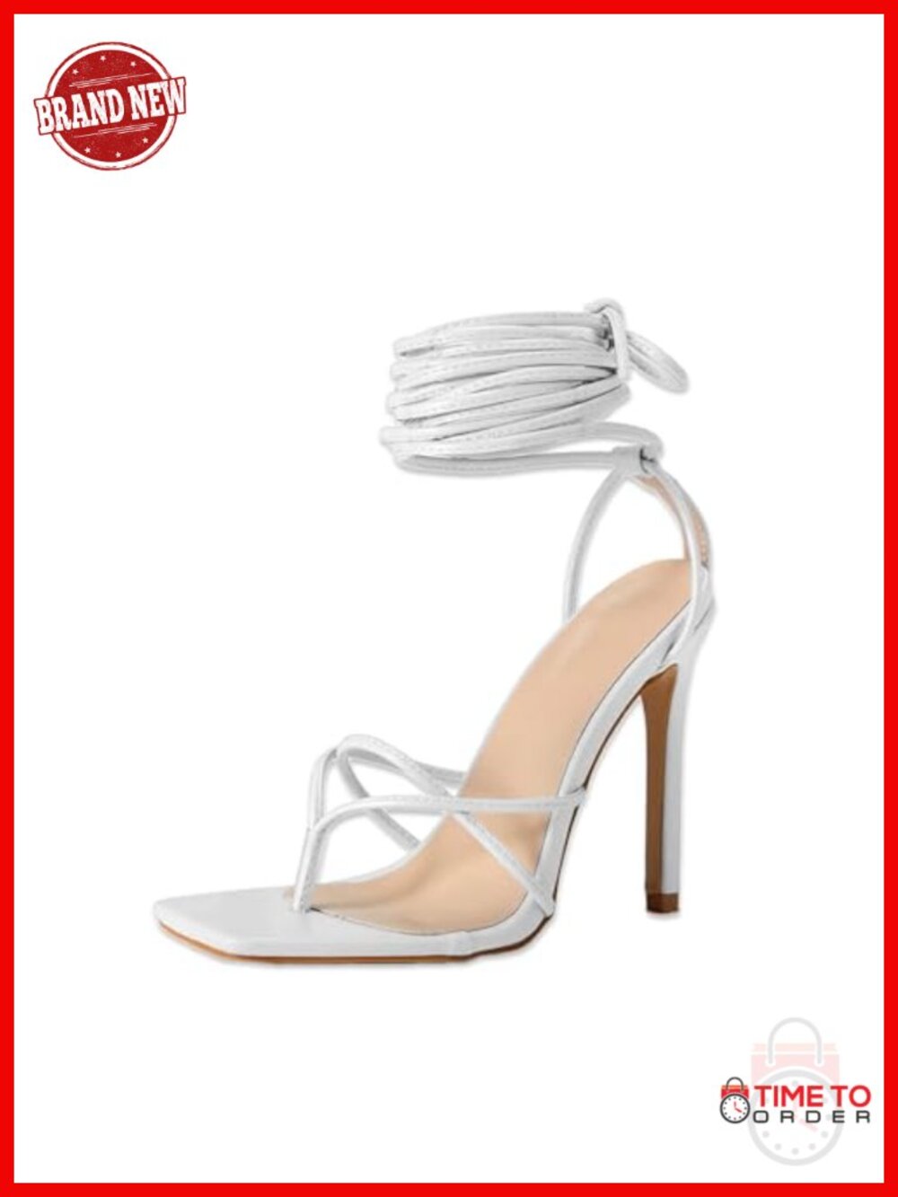 Women's Faux Leather Lace Up Heeled Sandals Square Toe Ankle Strap